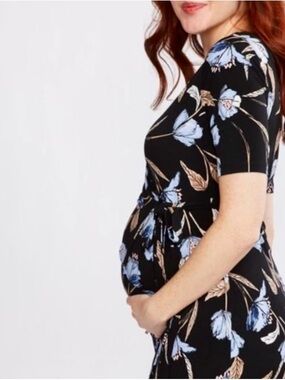 Motherhood Maternity Black Midi Faux-wrap Dress with Blue Floral Print